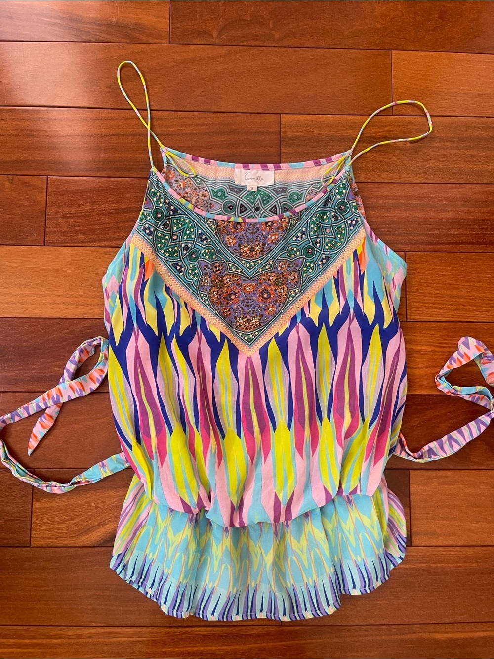 Camilla Beaded Multicolor Printed Tank Top — Teal, Purple, Yellow, Orange